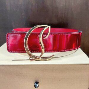 Christian Louboutin CL Logo Patent Psychic Metallic Red Belt Size 65/26